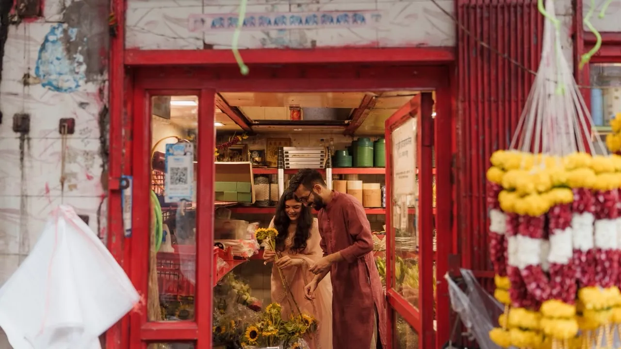Choosing sunflowers in a little red flower shop